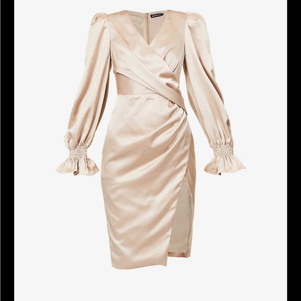 LAVISH ALICE - Wrap Satin Slit Crepe Satin Midi Dress